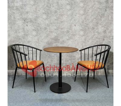 Bộ bàn ghế quán cafe bàn gỗ cao su chân sắt ghế sắt nệm 246