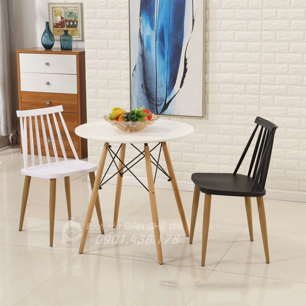 Bộ bàn tròn 4 chân 2 ghế nhựa 7 song chân sắt sơn giả gỗ GLM20