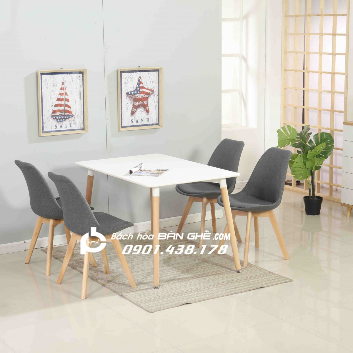 Bộ bàn ăn chữ nhật màu gỗ 4 ghế bọc vải GLM27 màu xám