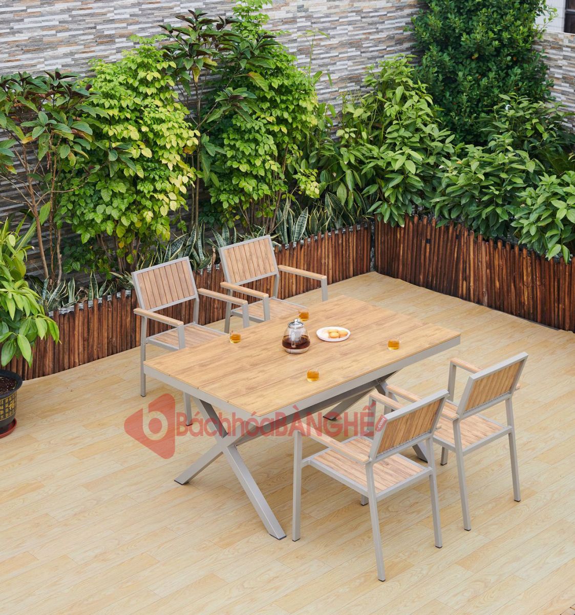 Ghế cafe ghế ăn sân vườn ngoài trời khung nhôm nan gỗ nhựa GSV21
