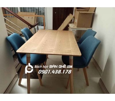 Bộ bàn ăn chữ nhật màu gỗ 4 ghế bọc vải GLM27 màu xanh